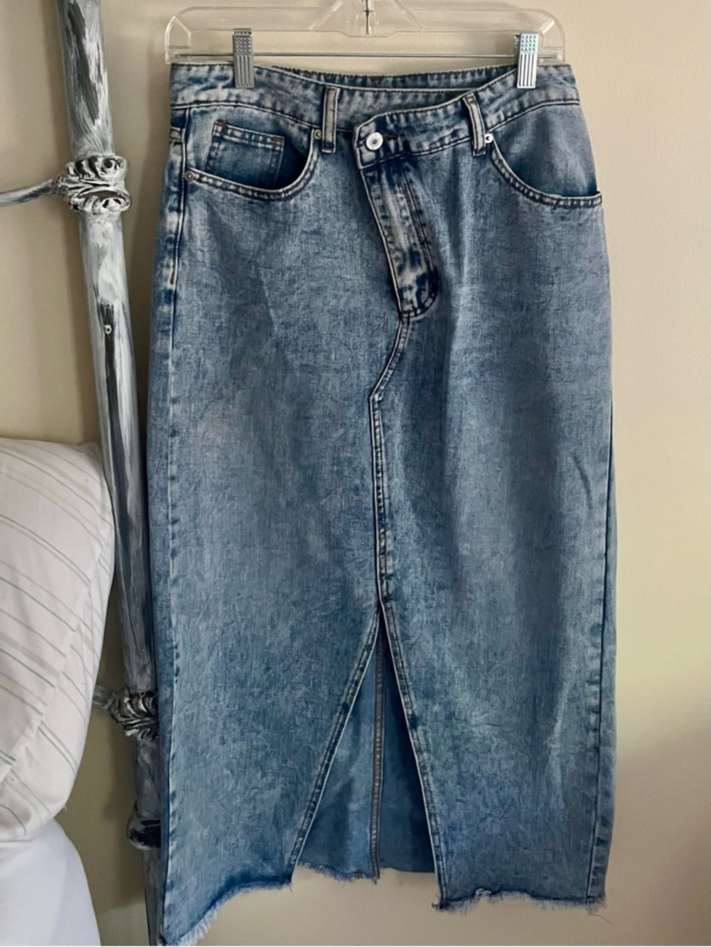 High-Waisted Acid Wash Denim Midi Skirt with Front Slit